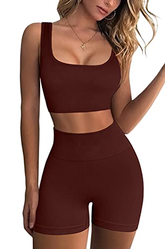 QINSEN High Waisted Booty Shorts for Women Ribbed Crop Tank Tops Seamless 2 Piece Outfits Coffee S