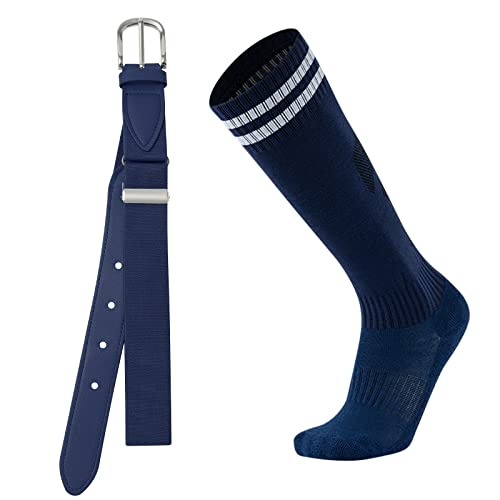 AWAYTR Youth Baseball Socks and Belt - Kids Softball Belts and Socks Combo for Youth Boys Girls (Navy blue)