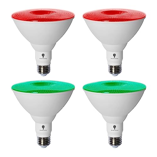 4 Pack BlueX LED Par38 Flood Red Green Light Bulb - 18W (120Watt Equivalent) - Dimmable - E26 Base Red Green LED Lights, Party Decoration, Porch, Holiday Lighting, Red Flood Light