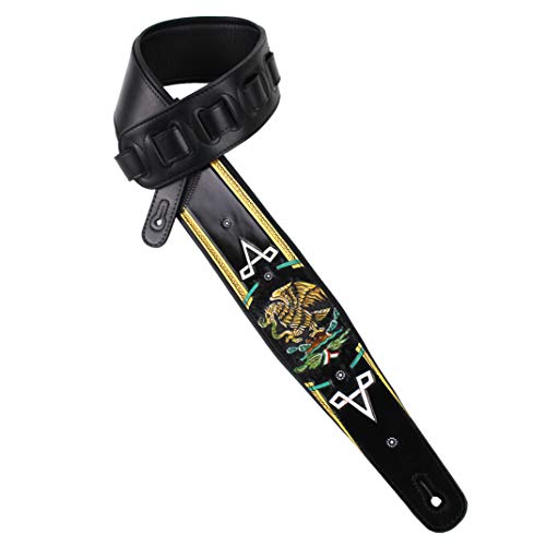 Walker And Williams KB-52-BLK Handmade Heritage Series Black Leather Guitar Strap With Hand Carved And Painted Mexican Coat Of Arms Design For Acoustic, Electric, And Bass Guitars