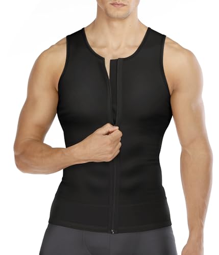 Wonderience Compression Shirts for Men Undershirts Slimming Body Shaper Tank Top Vest with Zipper (Black, Large)