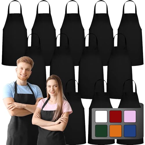 GREEN LIFESTYLE 12 Pack Bib Apron - Unisex Black Aprons, Machine Washable Aprons for Men and Women, Kitchen Cooking BBQ Aprons Bulk (Pack of 12, No Pockets, Black)
