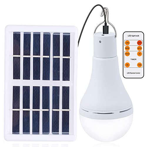Afoskce Solar Light Bulb Outdoor Rechargeable 300LM Solar Powered Light Led Bulb with Remote Timer, Lighting Sensor, 4 Lighting Mode for Chicken Coops Shed Hiking Camping Hurricane Emergency Lighting