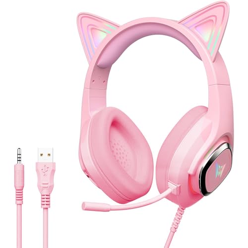 VIGROS Cat Ear Gaming Headphones Wired AUX 3.5mm LED Headphones Over-Ear Headsets for Kids Girls with Microphone for PC, PS4, PS5, Switch, Xbox, Mobile, Mac, Laptop