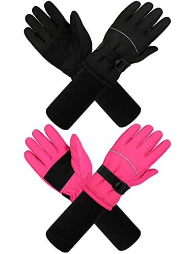 Cooraby 2 Pack Long Kids Winter Ski Gloves Waterproof Warm Snow Gloves Thick Unisex Mitten Gloves for Girls Boys