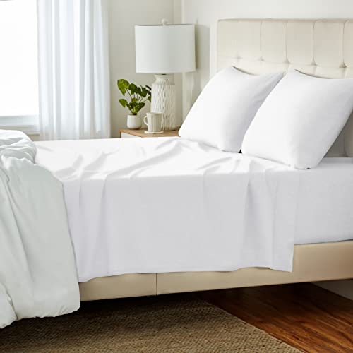 Amazon Basics Cotton Jersey 4-Piece Bed Sheet Set, Queen, White, Solid