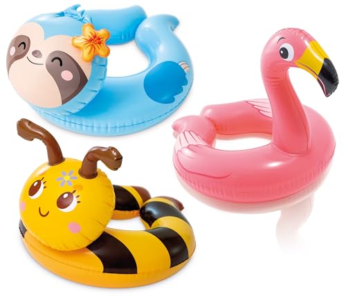 Intex, 43234-2327 3 Pack 59220EP - Animal Head Split Ring Pool Floats Bundle Includes Frog, Duck, Penguin, Giraffe, Frog, Penguin