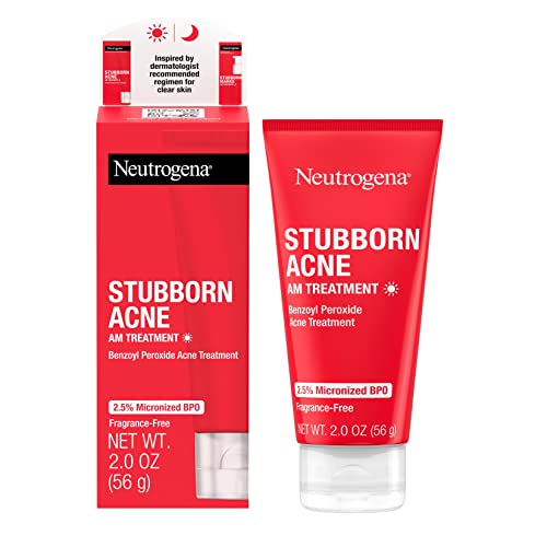 Neutrogena Stubborn Acne AM Face Treatment with 2.5% Micronized Benzoyl Peroxide Acne Medicine, Oil-Free Daily Facial Treatment to Reduce Size & Redness of Breakouts, Paraben-Free, 2 oz
