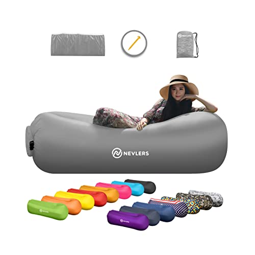Nevlers Inflatable Lounger with Side Pockets and Matching Travel Bag - Gray - Waterproof and Portable - Great and Easy to Take to The Beach, Park, Pool, and as Camping Accessories