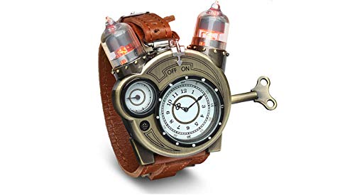 ThinkGeek Steampunk-Styled Tesla Analog Watch Weathered-Brass Look on Metal Findings Plus Leather Strap
