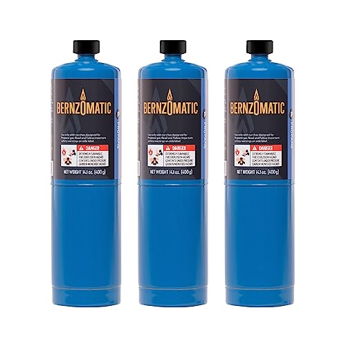 Bernzomatic Standard Propane Fuel Cylinder - Pack of 3 | 14.1 OZ. Propane Hand Torch Cylinder | Portable and Convenient Fuel Source | Durable Steel Construction | Compatible with Digital Fuel Gauge | High In-Air Flame Temperature of 3,600 Degrees Fahrenheit | Versatile Applications: Soldering, Brazing, Heating, and More