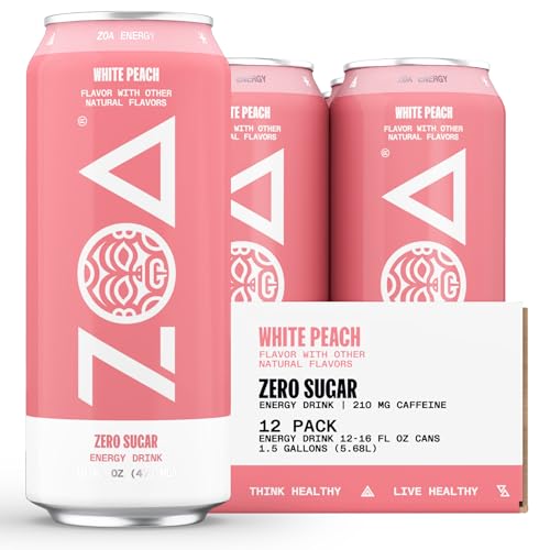 ZOA Zero Sugar Energy Drinks, White Peach - Clean Sugar-Free Formula of Natural Caffeine, Electrolytes, Healthy Vitamin C, Amino Acids and B-Vitamins - 16 Fl Oz (12-Pack)
