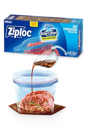 Ziploc Gallon Food Storage Freezer Bags, Stay Open Design with Stand-Up Bottom, Easy to Fill, 60 Count