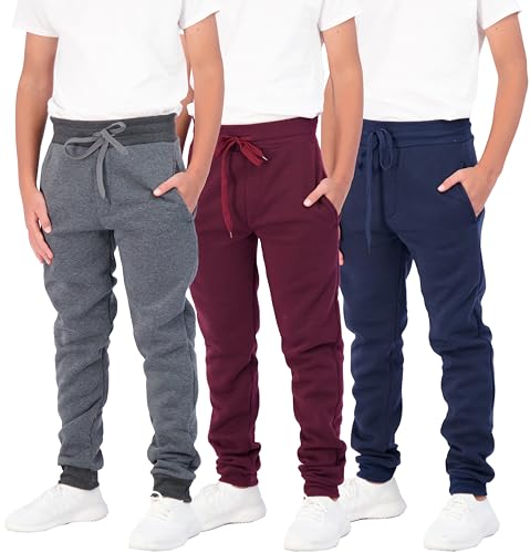 3 Pack: Boys Girls Youth Teen Active Athletic Basic Soft Tech Sports Fleece Jogger Soccer Track Gym Running Slim Fit Tapered Sweatpants Casual French Terry Quick Dry Fit Pockets-Set 4,M(10/12)