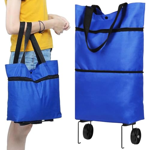 YASYU Foldable Shopping Bag with Wheels Folding Shopping Trolley Tote Bag on Wheels Collapsible Shopping Cart Bags 2 in 1 Reusable Grocery Bags Travel Bag (Blue)
