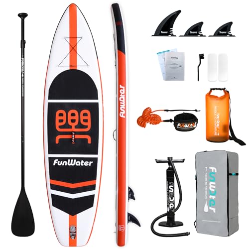 FunWater Stand Up Paddle Board 11'x33''x6'' Ultra-Light (20.4lbs) Inflatable Paddleboard with ISUP Accessories,Three Fins,Adjustable Paddle, Pump,Backpack, Leash, Waterproof Phone Bag