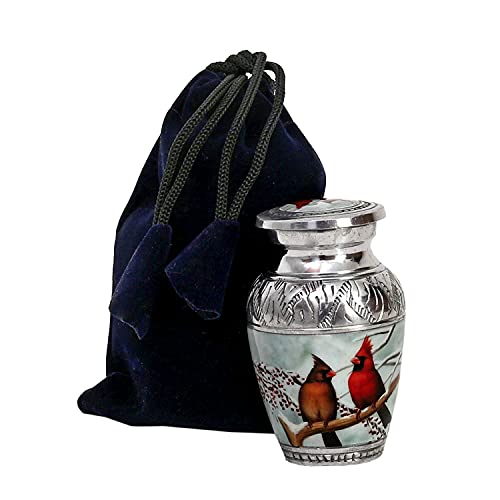 HLC Small Cardinal Couple Bird Lovely Keepsake Urn Qnty 1 - Keepsake Urn for Human Ashes with 1 Velvet Box Bag - Mini Memorial Affordable Keepsake Urn (4.5.in)