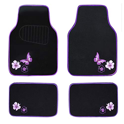 CAR PASS Embroidery Butterfly and Flower Car Floor Mats, Purple Car Floor Mats, Universal Fit 95% Automotive,SUVS,Sedan,Vans,for Women,Girly,Set of 4(Black with Purple)