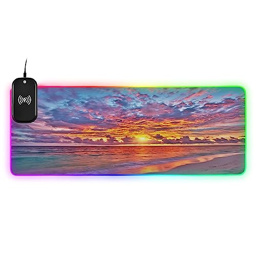 Beach Sunrise Cloud Sky Gaming Mouse Pad Led Mousepads RGB Backlit with 14 Lighting Modes, Non Slip Base Soft Computer Keyboard Mat for Gaming PC Laptop Desk, S