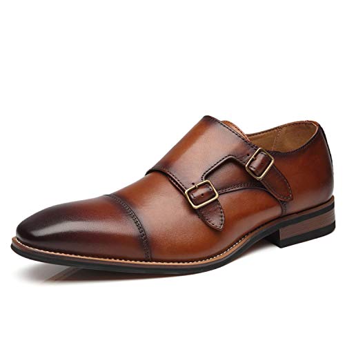La Milano Mens Double Monk Strap Slip on Loafer Cap Toe Leather Oxford Formal Business Casual Comfortable Dress Shoes for Men Brown