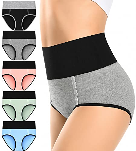 MISSWHO Cotton High Waisted Womens Underwear, Tummy Control Postpartum Essential Panties Full Coverage, C Section Ladies Briefs Plus Size Underpants 5 Pack Size 7 Large