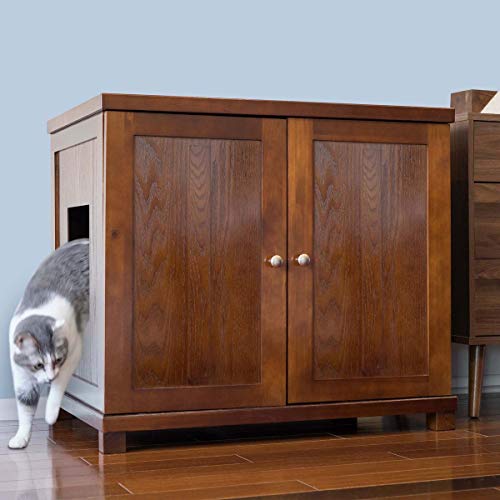 THE REFINED FELINE Cat Litter Box Enclosure Cabinet, Shaker, Mahogany Brown, Square Feet, XLarge, Hidden Litter Cat Furniture with Drawer