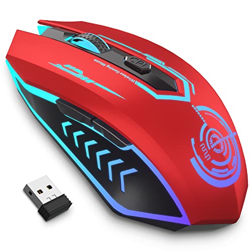 UHURU Gaming Mouse, Wireless Gaming Mouse with 6 Buttons 7 Changeable LED Color up to 10000 DPI, Rechargeable USB Gamer Mouse for PC Laptop (Red)