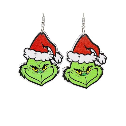 Green Monster Earrings Terror Santa Drop Dangle Earrings Christmas Wooden Asymmetric Earrings Christmas Hat Drop Earrings Claus Anime Christmas Hat Xmas Holiday Jewelry for Women Girls (A)