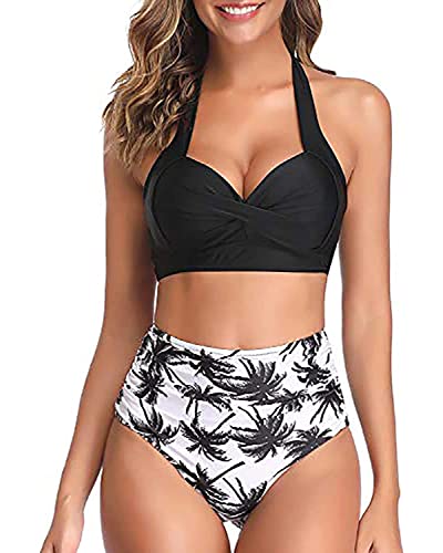 Tempt Me Women's Vintage Swimsuits Black Palm Retro Halter Ruched High Waist Bikini with Bottom L