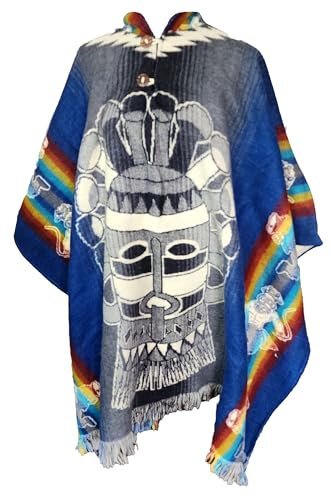 Alpaca World | Alpaca ponchos for men and women | Handmade with the best baby alpaca wool material by Ecuadorian artisans | Wrap yourselft in Alpaca Confort. (Blue, Variety, Huma Mask)