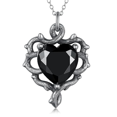 Gothic Heart Necklace for Women 925 Sterling Silver Black Cubic Zirconia Heart Pendant Vine Necklaces Gothic Jewelry Anniversary Birthday Jewelry Gift for Mom Wife,18''-20'