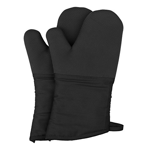 QFUNACCESS Heat Resistant Gloves - Non-Slip Grip Pot Holders for Kitchen Cooking Baking, Up to 450 F Heat Resistant, Heavy Duty Oven Mitts - 1 Pair (Black)