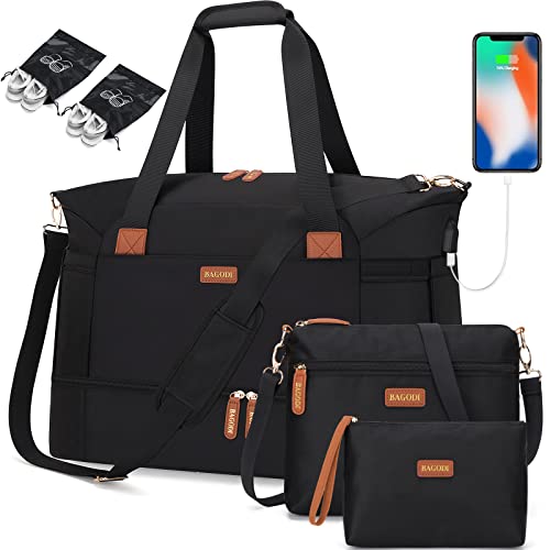 BAGODI Gym Bag for Women, Weekender Overnight with USB Charging Port, Sport Travel Duffel Wet Pocket & Shoe Compartment, Carry on Tote Travel/Gym/School 5 Pcs Set