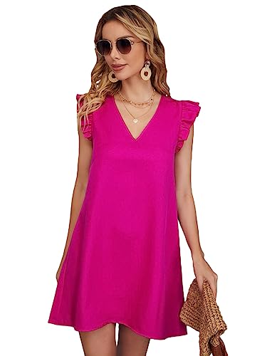 Floerns Women's Solid V Neck Ruffle Trim Cap Sleeve Summer Tunic Dress Hot Pink S