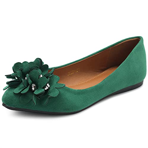 Ollio Women's Shoes Faux Suede Decorative Flower Pointed Toe Ballet Flats JYZ151(10 B(M) US, Green)