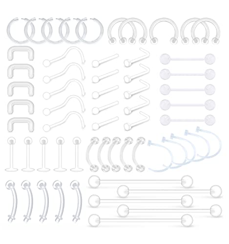 MODRSA Mix Set Clear Piercing Retainers Flexible Lip Ear Nose Studs Septum Eyebrow Tongue Rings Cartilage Tragus Earrings Retainer Bioflex Horseshoe Industrial Barbell 60pcs
