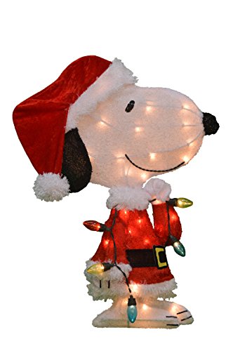 ProductWorks Peanuts Pre Lit 24 Inch Snoopy Santa Claus 3D Outdoor Indoor Christmas Lawn Yard Ornament Home Decoration with 35 Clear Lights and Stand
