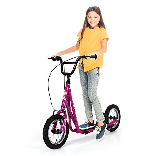 GYMAX Scooter, Kids Scooter with Front and Rear Caliper Brakes, 12” Inflatable Wheels & Axle Pegs, Height Adjustable All Terrain Off-Road Scooter, Pre-Assembled Scooter for 8+ Youth Adults