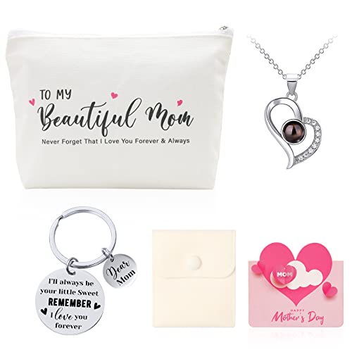 BAPHILE 2023 Mothers Birthday Gifts For Mom,Heart Pendant Necklace Forever Bracelet Jewelry Best Mom Ever Keychain Cosmetic Bag