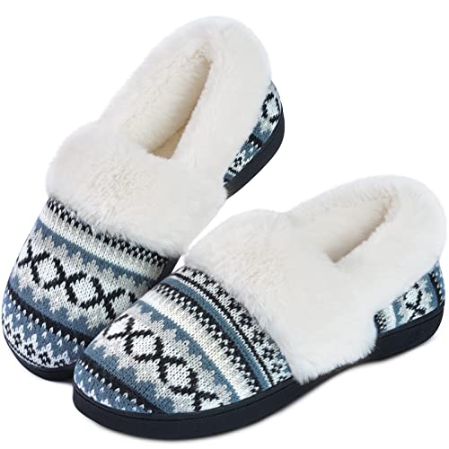 DL Women's Comfy House Slippers with Faux Fur Lining, Memory Foam Slip on House Shoes Nordic with Indoor Outdoor Anti-Skid Rubber Sole, Grey, 7-8