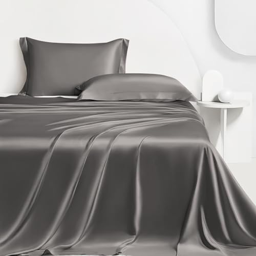 AL AHMEDANI LINEN Grey Queen Satin Sheets - Luxurious 4-Piece Silk Bedding Set Queen - Soft and Silky Satin Bed Sheet, 14.5 Inch Deep-Pocket for Mattress - 1 Fitted Sheet, 1 Flat Sheet, 2 Pillowcases