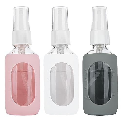 HOMBYS Empty Clear Glass 2oz Small Spray Bottles with Silicone Sleeve Protection - Refillable Containers for Travel, Cleaning Solutions, Essential Oils, Sanitizers - Fine Mist Spray - 3 Pack-Clear