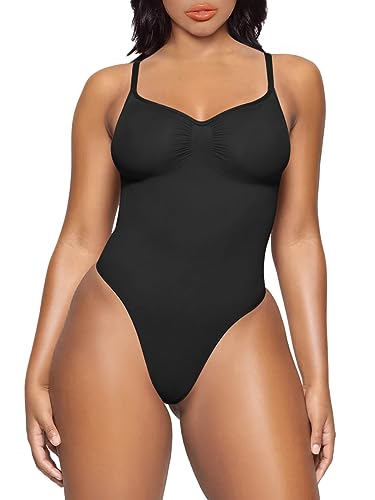 YIANNA Sculpting Bodysuit for Women Tummy Control Seamless Shapewear Thong Body Shaper Tank Top,YA5215-Black-S/M