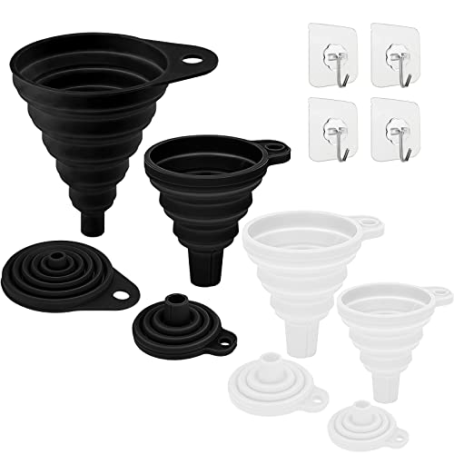 Funnels for Kitchen Use, Collapsible Funnel, 4pcs Silicone Funnel, Food Grade Silicone, Silicone Collapsible Funnels for Filling Bottles/Liquid/Powder Transfer(Black and White)