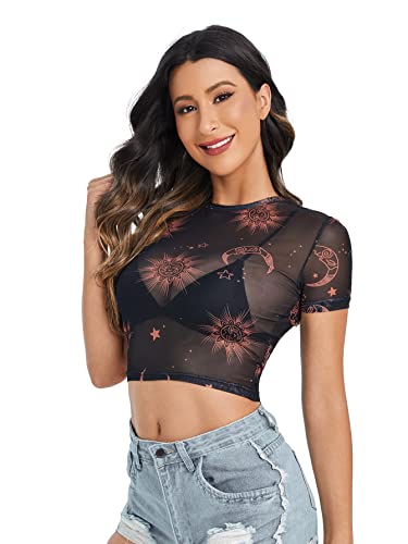 SweatyRocks Women's Sheer Mesh Tops Short Sleeve Print See Through Cropped T-Shirt Black L