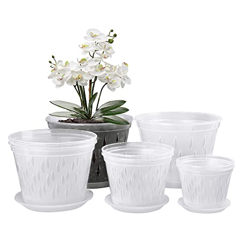 Lanccona Orchid Pots- 2 Each of 4, 5, 6 and 7 inch- 8 Pots and Saucers, Orchid Pots with Holes and Clear Plastic Orchid Pots for Repotting