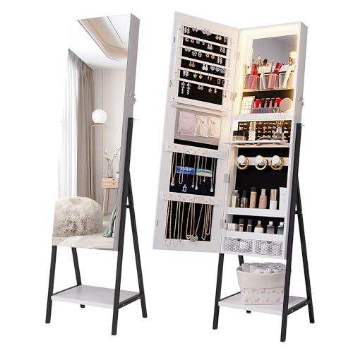 jajov 47.2' LED Jewelry Cabinet Armoire, Standing Mirror with Jewelry Storage, Jewelry Organizer Armoire with Full Length Mirror, Lockable Jewelry Mirror Cabinet (White)