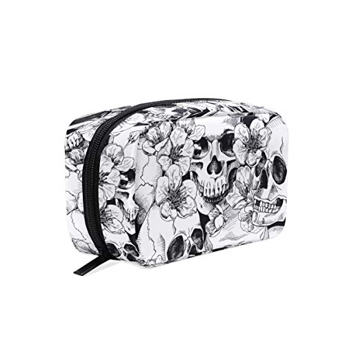 ZOEO Makeup Pouch Sugar Skull Mexican Floral Halloween Mini Makeup Bag Organizer Travel Zip Toiletry Bag Small Cosmetic Train Case Beauty Bag for Teens Girls Women Black White