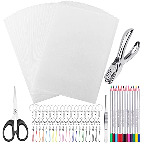 shynek Heat Shrink Plastic Sheets Keychain Kit, 125Pcs Shrink Art Kit Including 20 Pcs Shrink Paper Sheets, Hole Punch, Pencils, Keychains, Tweezers, Scissors for Crafts and Keychains