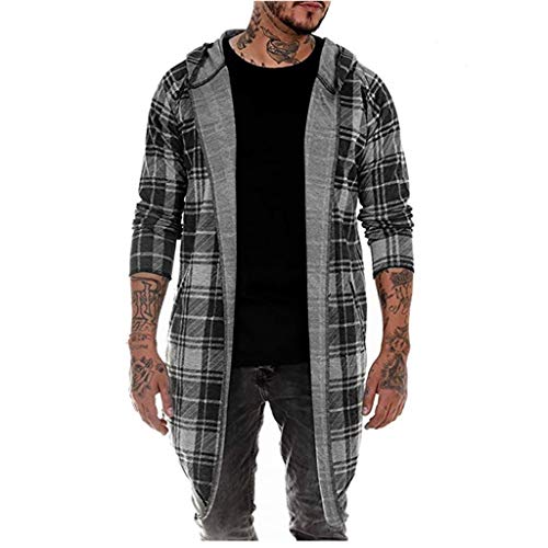 Stoota Men's Regular Fit Cardigan Longline Jacket Coat, Plaid Hooded Long Sleeve Pockets Outwear Blouse Gray